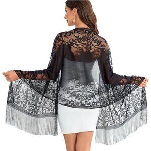 Black Sheer Floral Lace‎ Fringe Shawl Wrap Scarf Pashmina Tartan Shrug